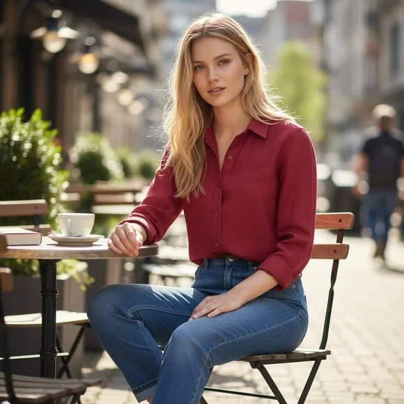 Lauren Ralph Lauren Women's SMALL 100% Linen Red Button Shirt Embroidered Logo - Picture 2 of 10